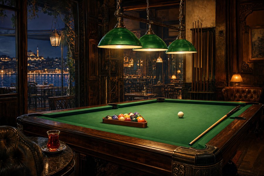 Yeşil abajurlar altında bilardo masası