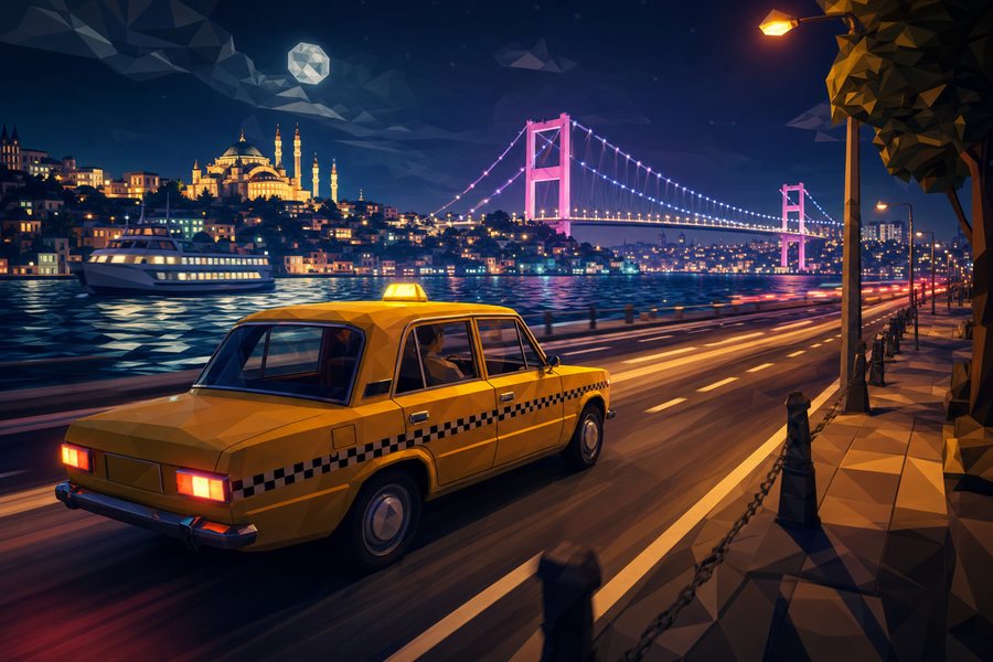 Gece Boğaz sahil yolunda sarı dolmuş