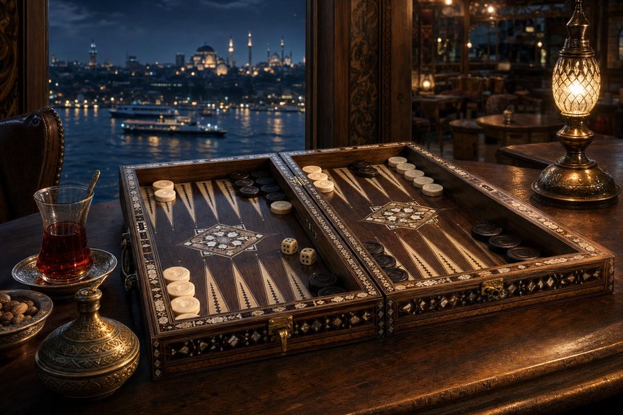 Boğaz'a bakan pencere kenarında sedef kakmalı tavla
